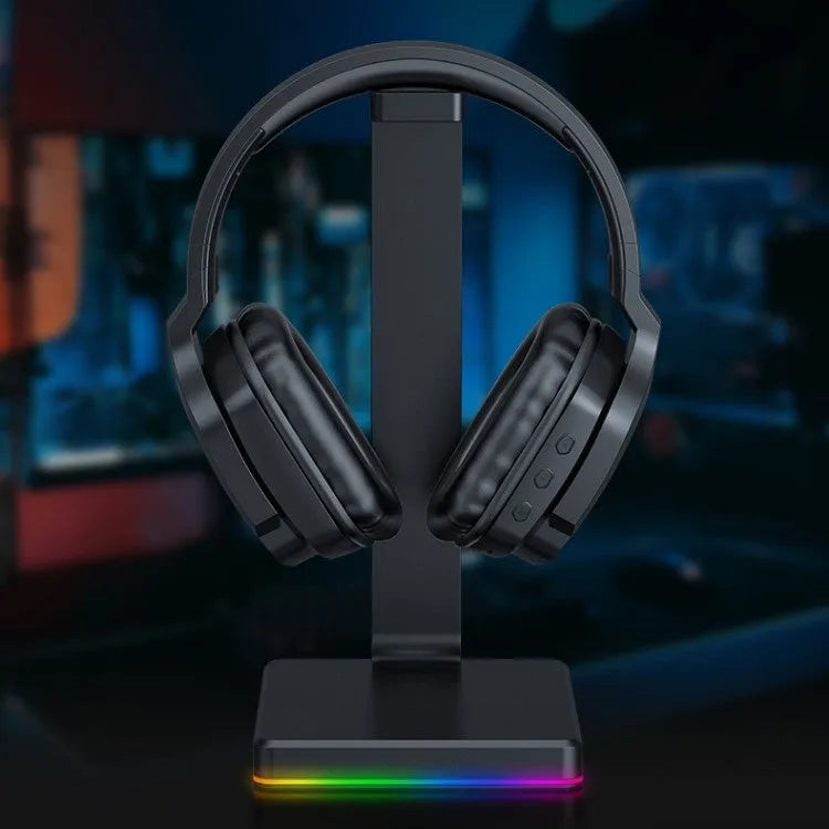 Luminous black wireless gaming headphones with head-mounted design and noise reduction features
