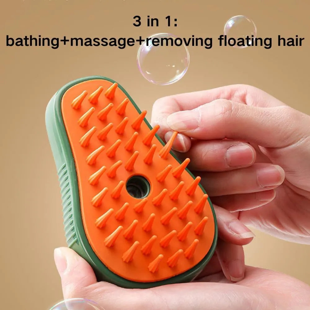 Green and white rechargeable cat steam brush comb with silicone bristles and water spray.