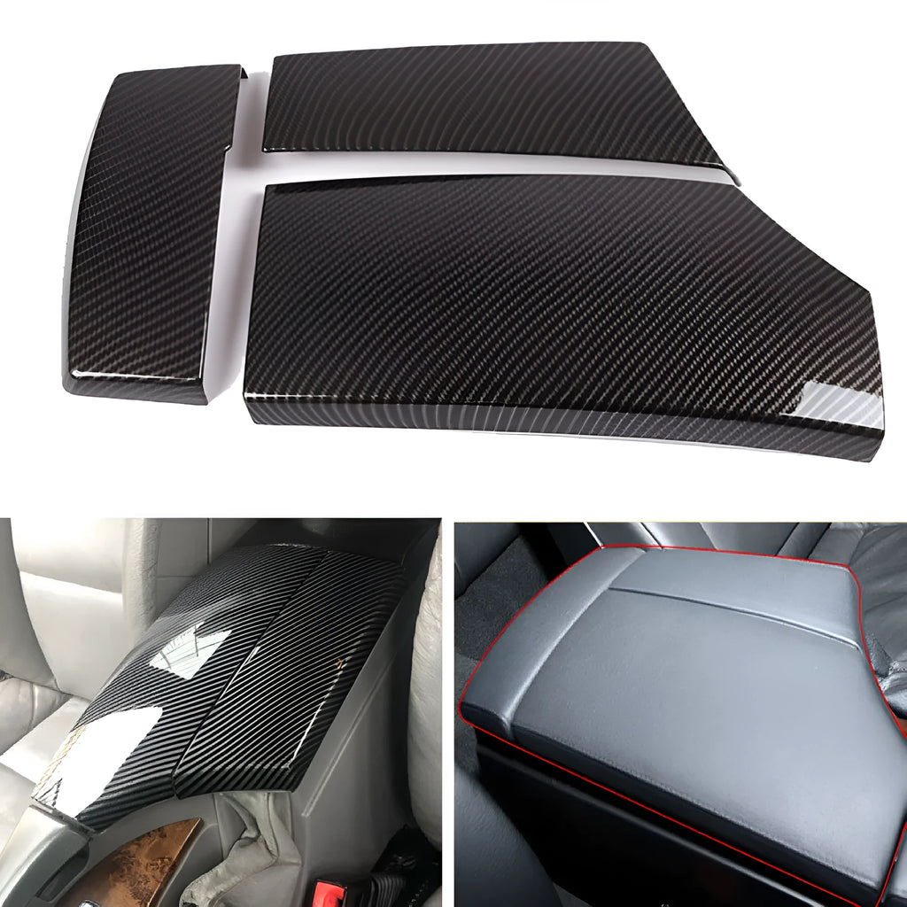 Three ABS carbon fibre pattern armrest box protective covers showing diagonal weave pattern and buckle installation system