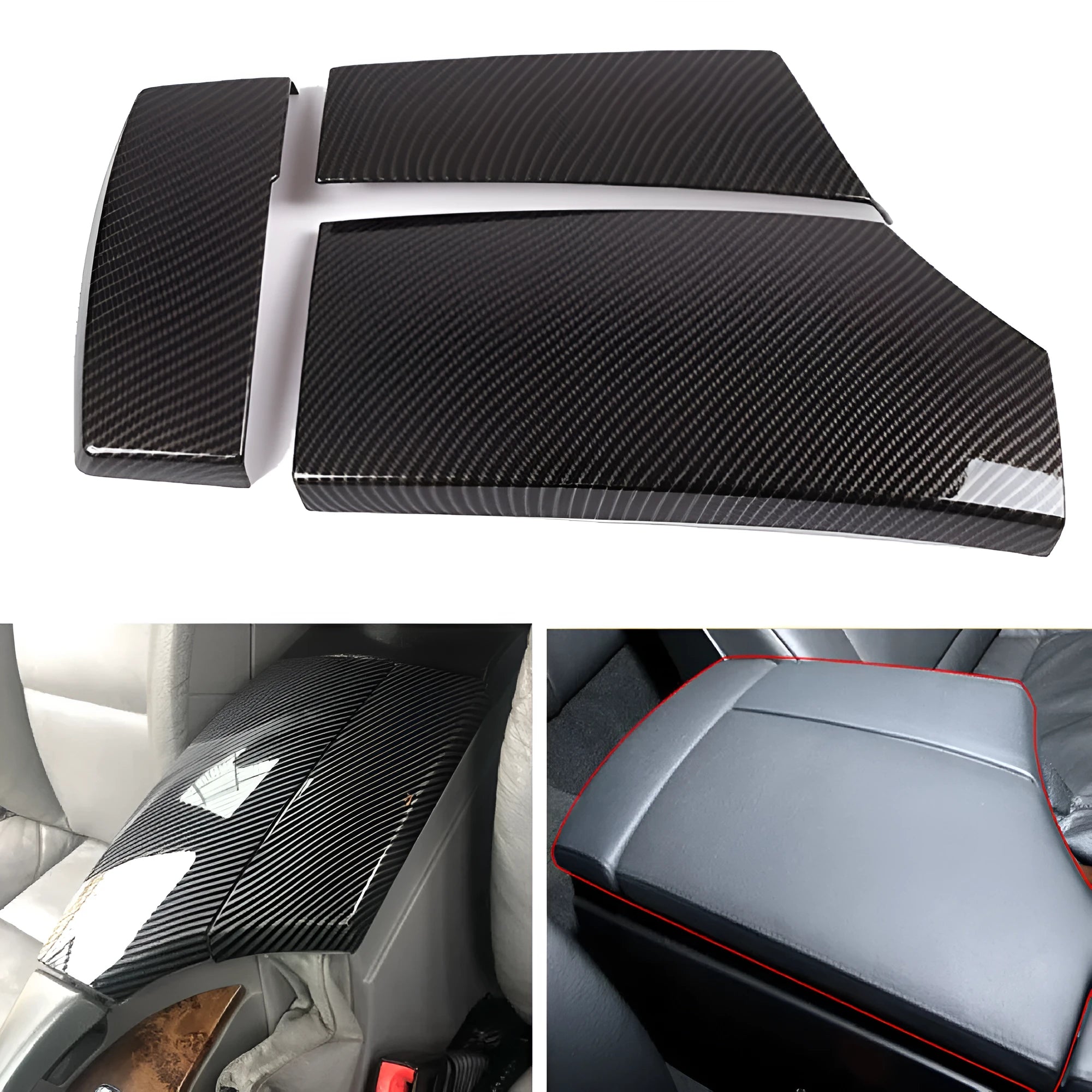 Three ABS carbon fibre pattern armrest box protective covers showing diagonal weave pattern and buckle installation system