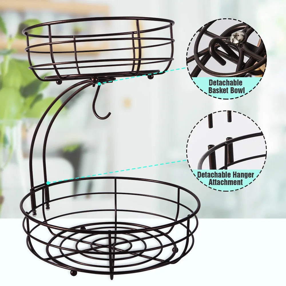 Black wrought iron double-layer fruit basket with open weave design for restaurant snack storage