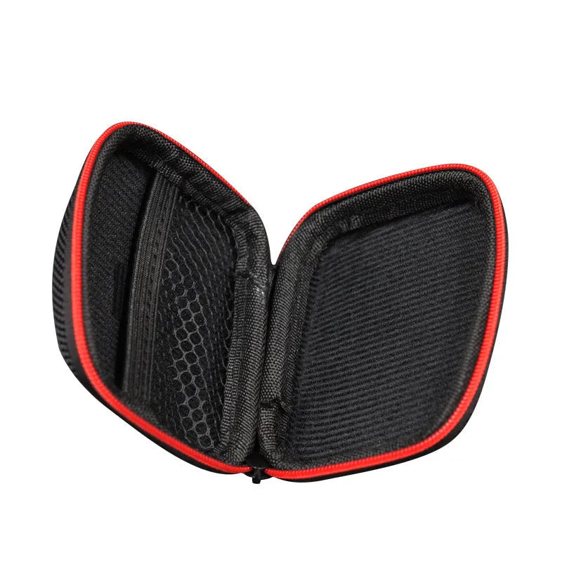 EVA anti-pressure earphone storage bag in black with zipper closure on white background