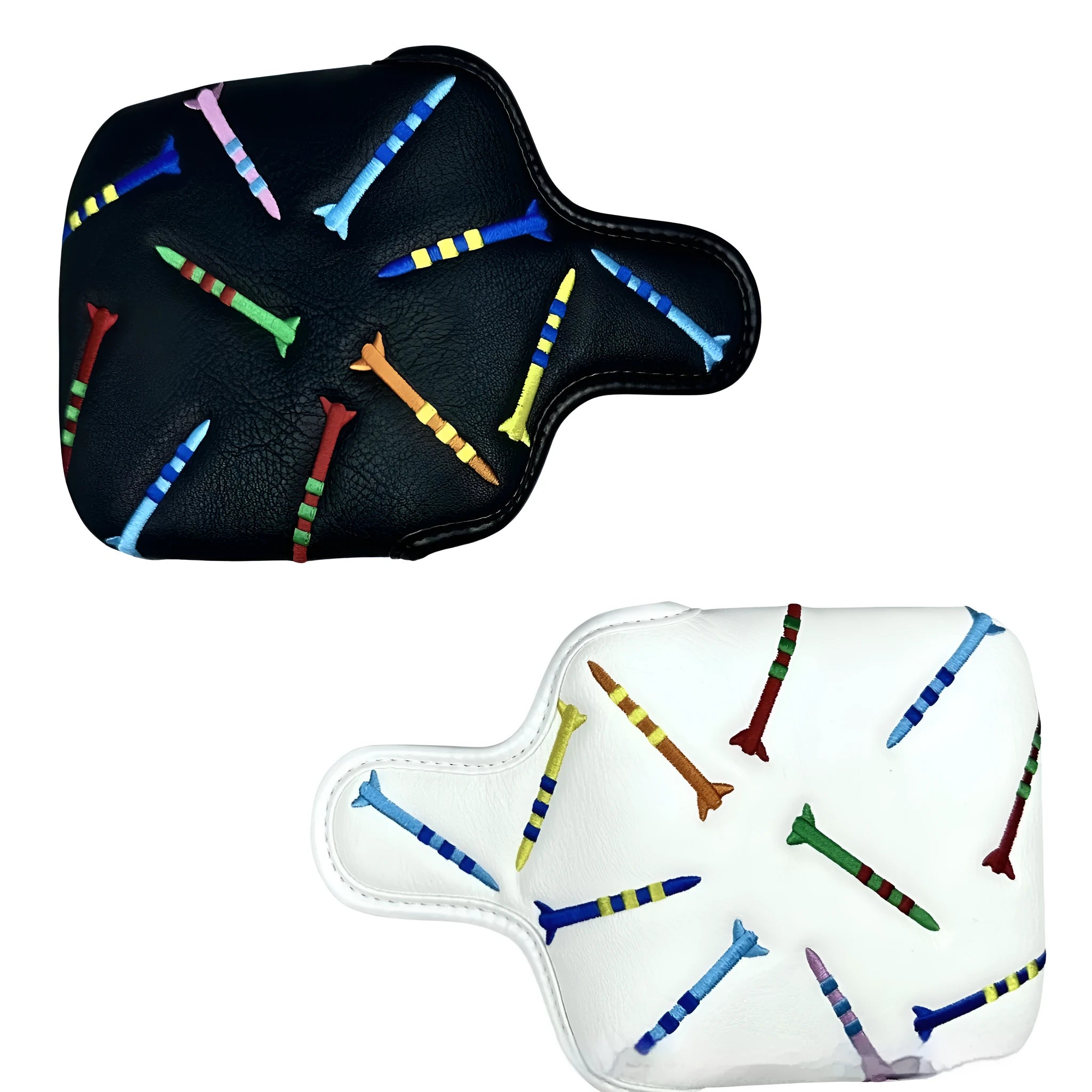 Black and white golf putter protective sleeve with a rocket pattern design.