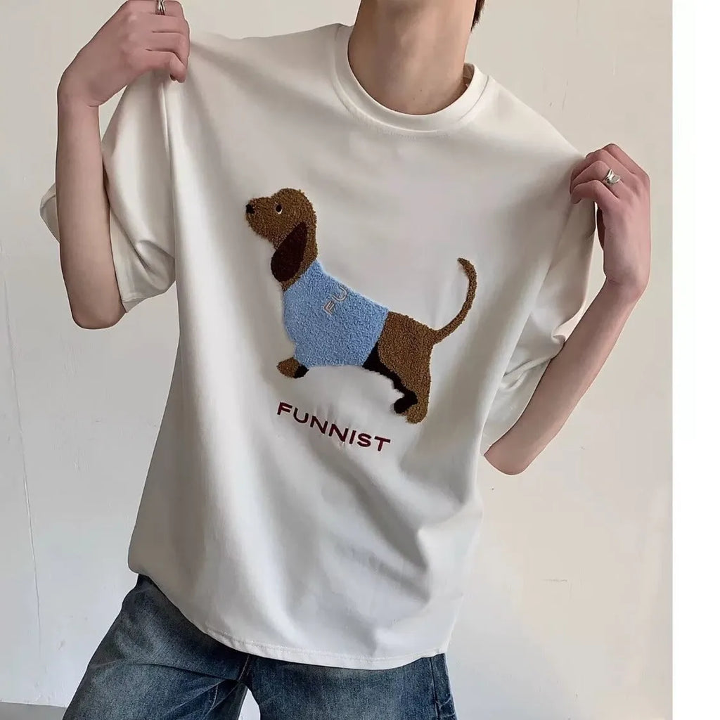 Grey men's t-shirt with an embroidered sausage dog design on the front.