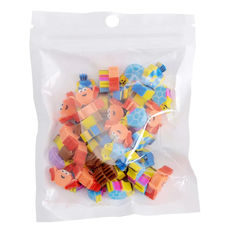 Pearlescent bag with 50 colourful TPR cartoon mini erasers, 1-1.5cm, showing fruit, animal, and themed shapes.