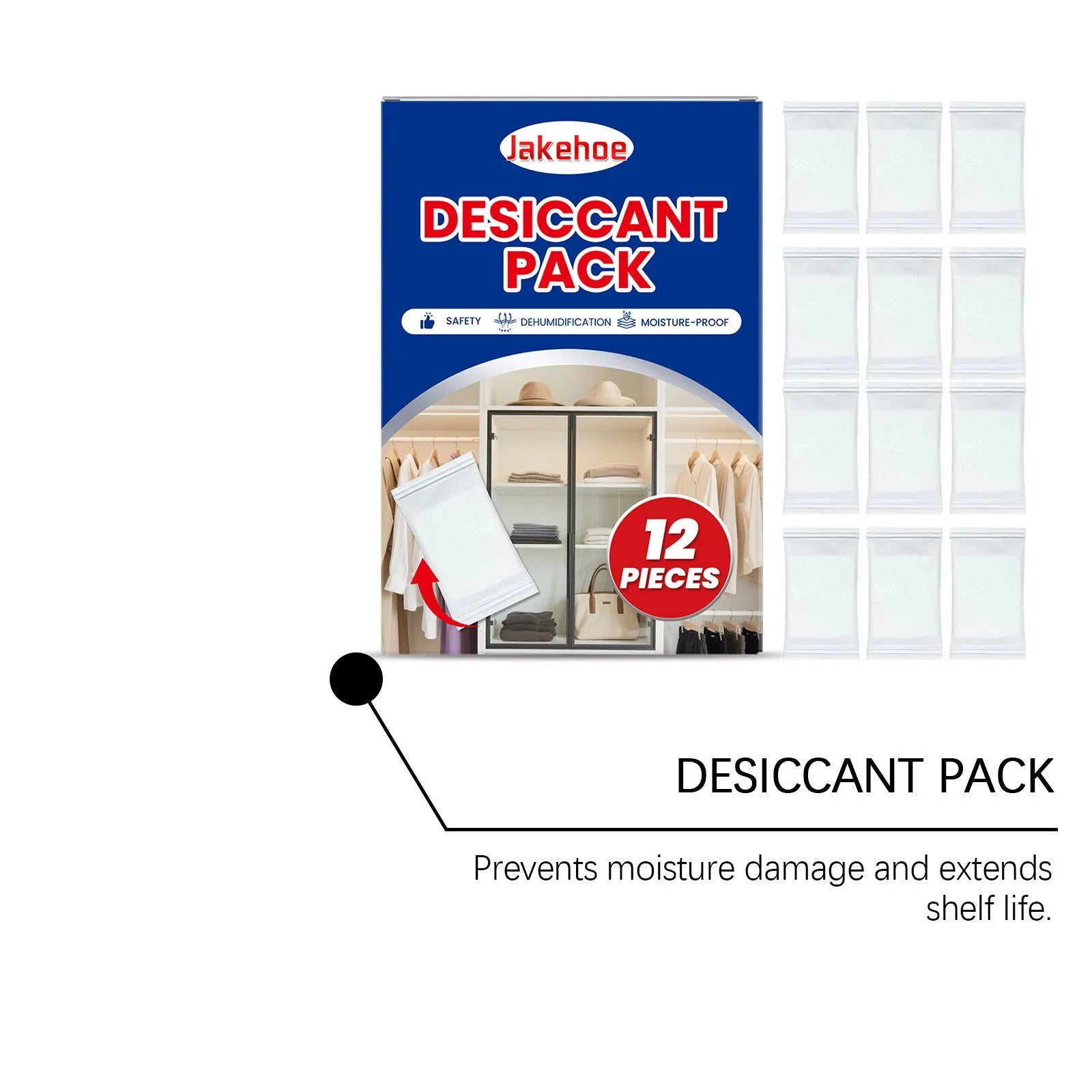 Pack of twelve white calcium chloride desiccant packets for household moisture and odour control.