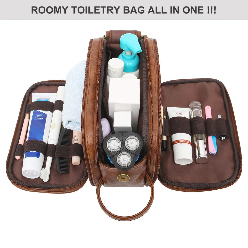 Men's black and brown PU leather toiletry bag for travel storage
