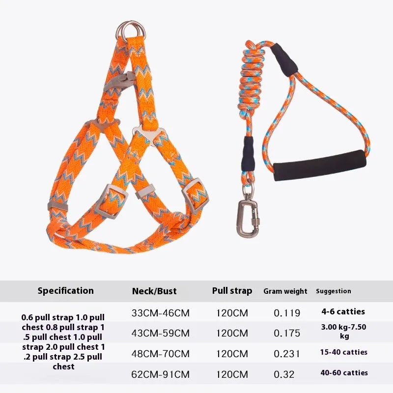 Pet climbing harness in blue nylon with foam handle and circular rope, laid flat
