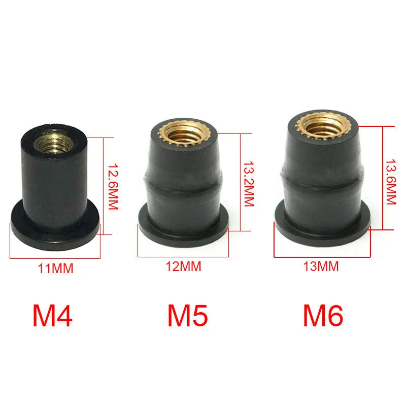 Motorcycle rubber brass nut expansion fasteners in black with M4 M5 M6 thread sizes
