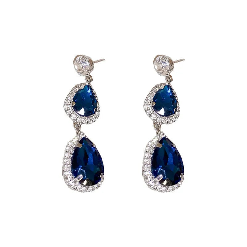 Silver needle water drop earrings and necklace set in blue with zircon pendants and diamond treatment
