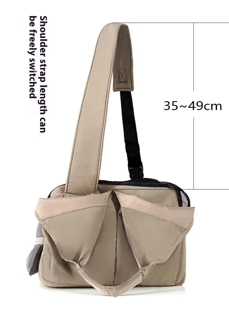 Apricot cloth pet carrier handbag for small dogs and cats showing medium size dimensions