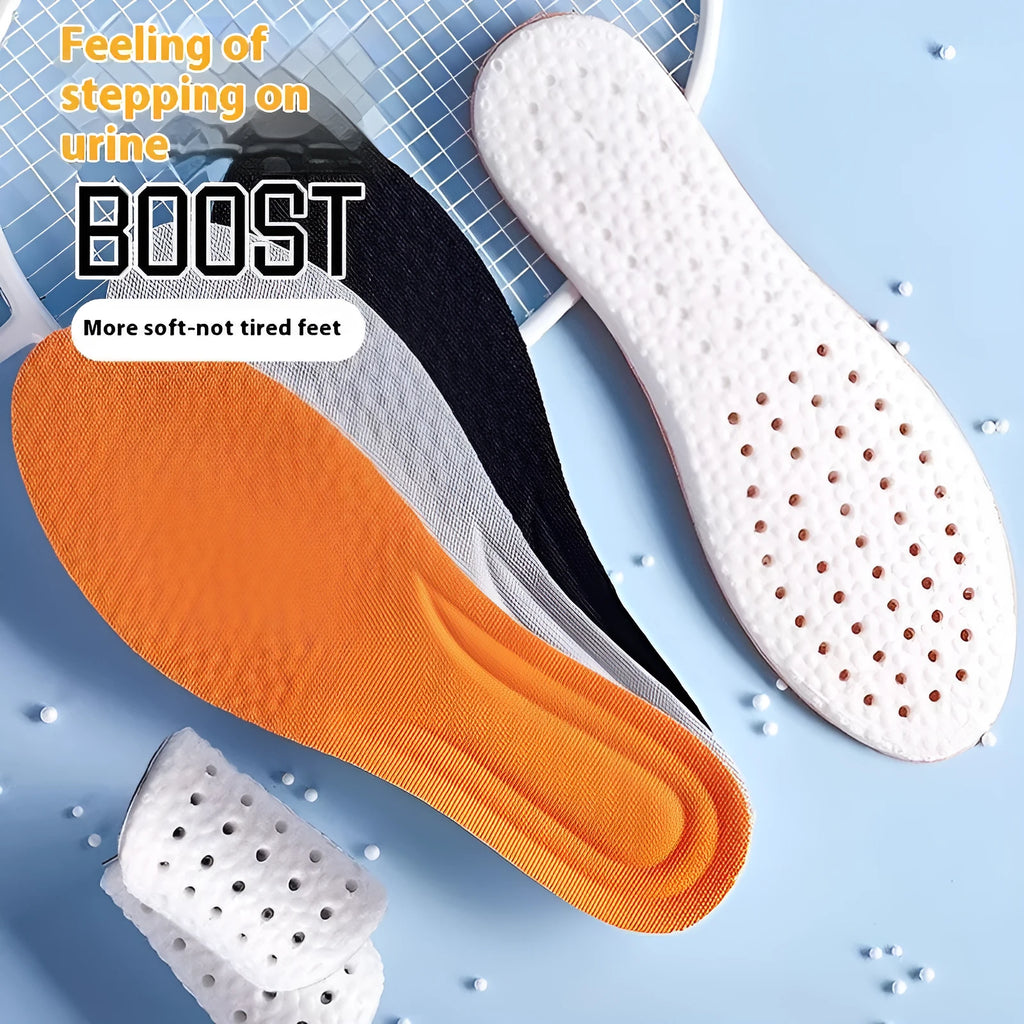 Breathable PU sports insoles in grey, black and orange colours with trimmable sizing