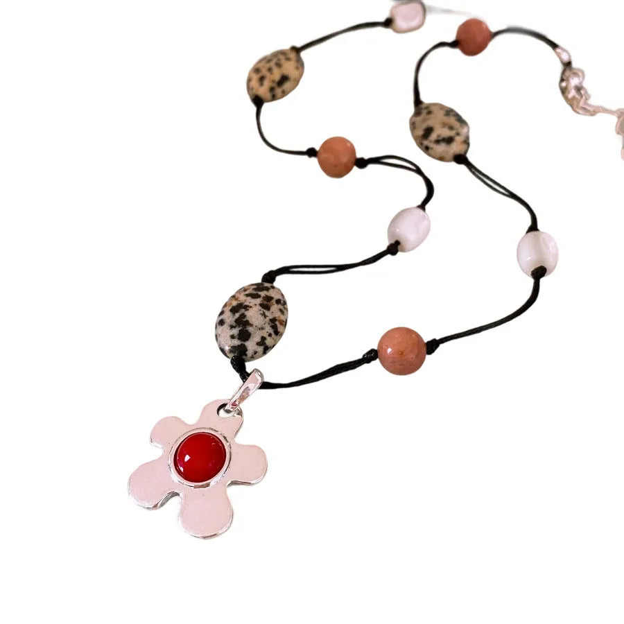 Stone shell beaded flower pendant necklace on adjustable 51-60cm electroplated alloy chain