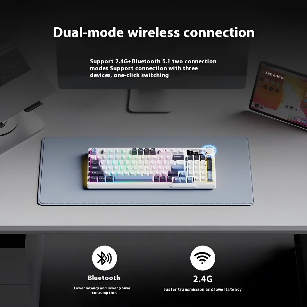 Blue and white wireless mechanical-feel keyboard and mouse set on a wooden desk