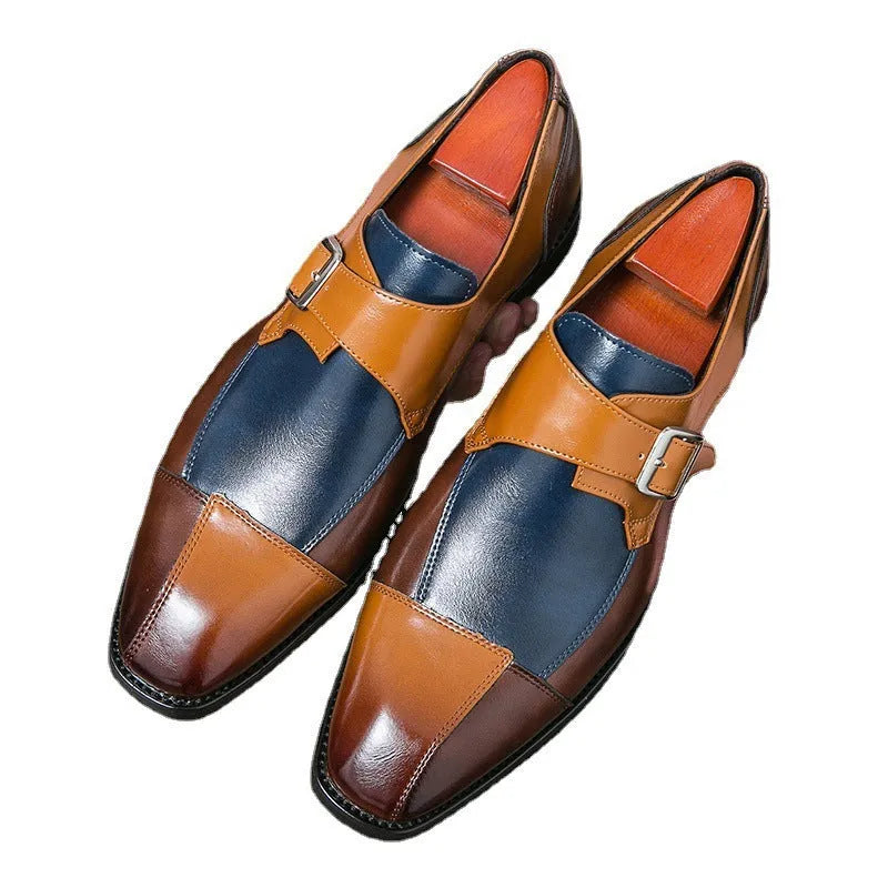 Men's brown blue retro buckle casual shoes with tall crown design and microfiber upper