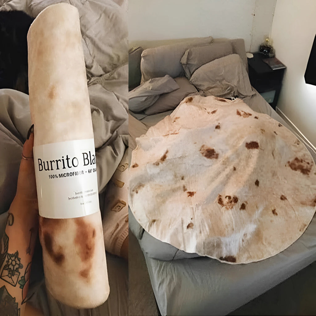 Round flannel burrito blanket with food-themed printing, shown in coral fleece fabric.