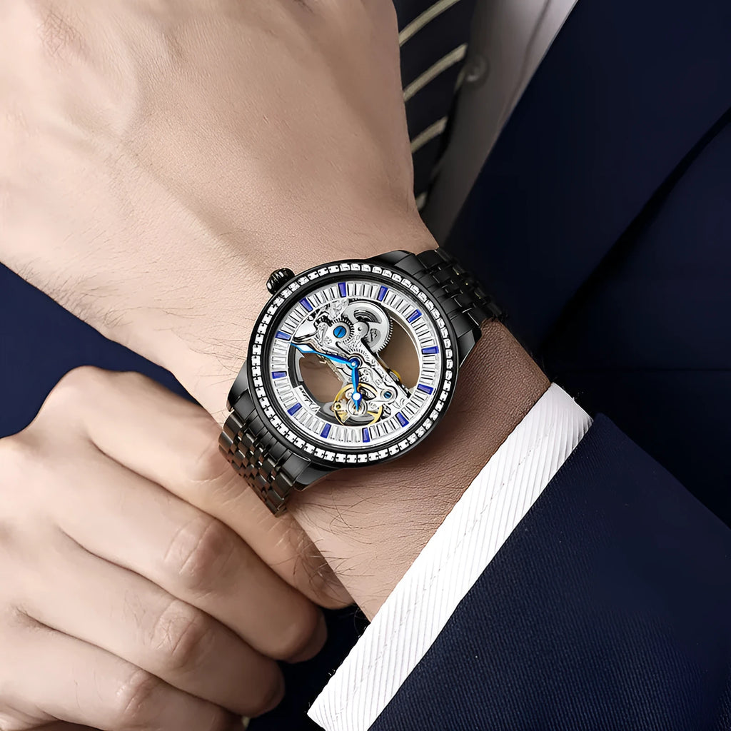 Men's zircon waterproof mechanical watch with transparent case back and multiple strap options