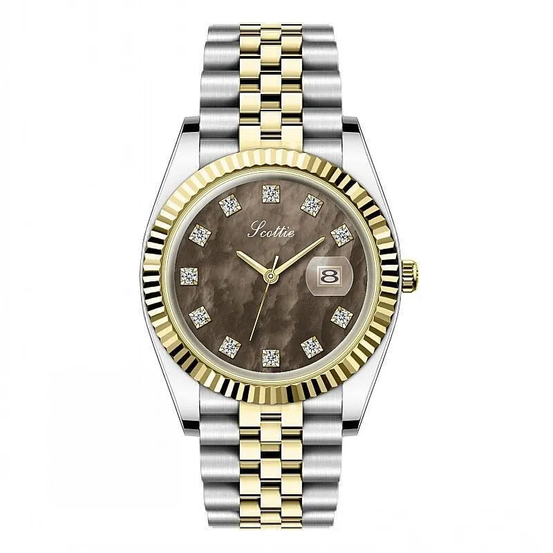 Women's casual analogue calendar watch with gold case, white dial, and steel belt on wrist