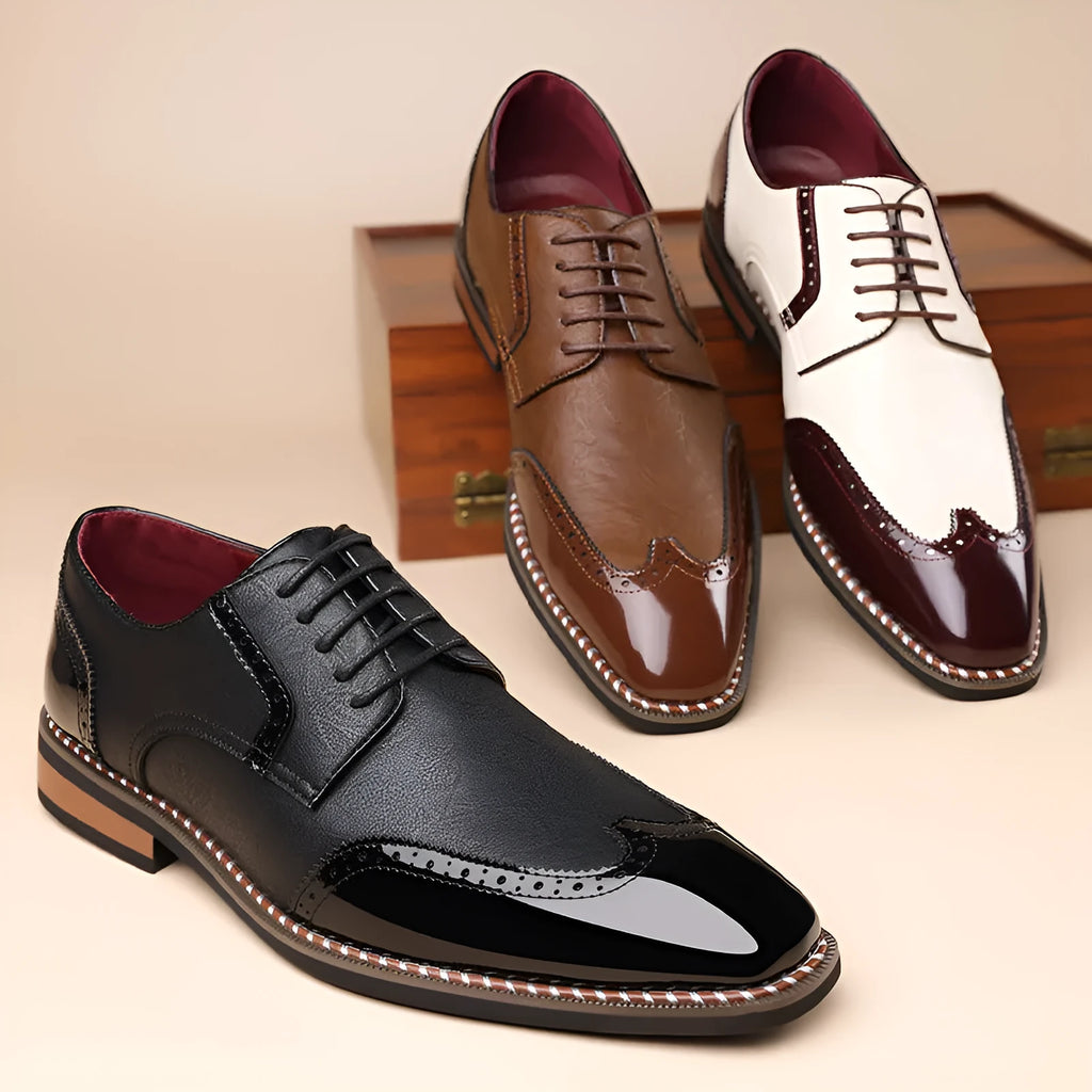 Men's black pointed toe business casual shoes with PU upper and rubber sole