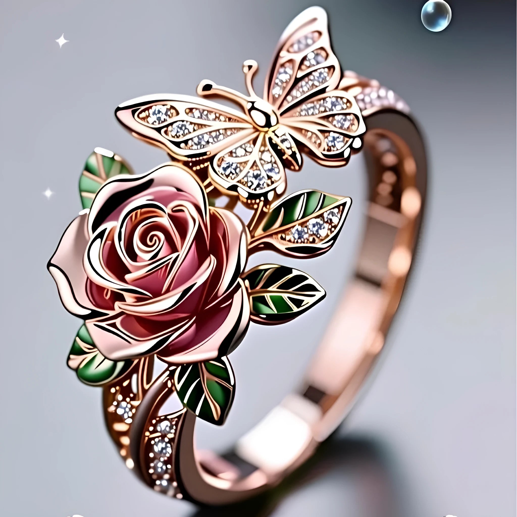 Adjustable butterfly personality ring with colourful oil treatment showing flower, insect and leaf elements