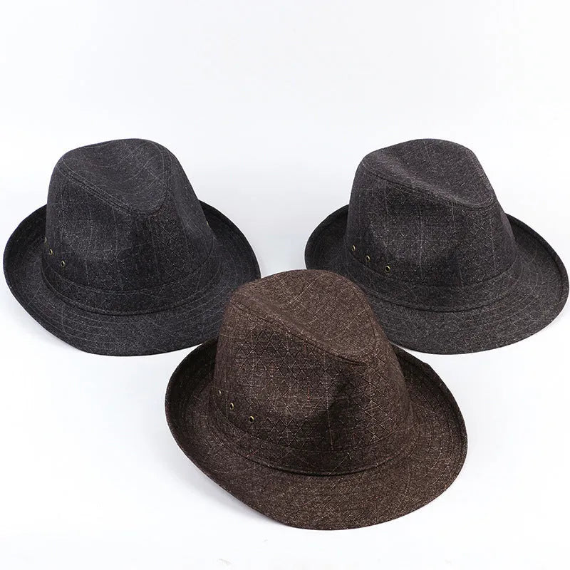 Thickened suit material fedora hat for men shown in available colours and sizes.