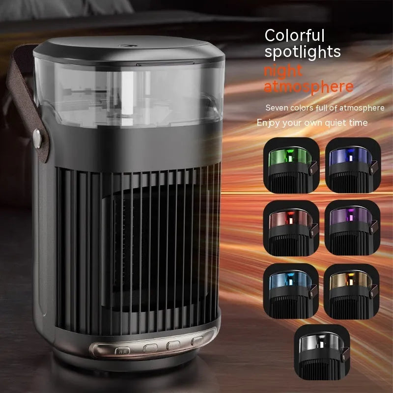 Black portable PTC heater with humidifier, showing front control panel, dimensions 24x13x13cm.