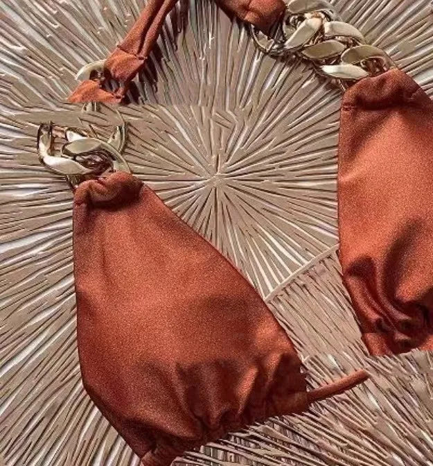 Brown women's tube top push up bikini swimsuit with ring tether detailing and sleeveless design