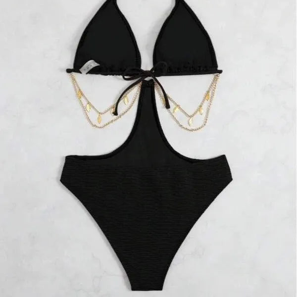 Women's black bikini swimsuit with chain detail design, shown in medium size