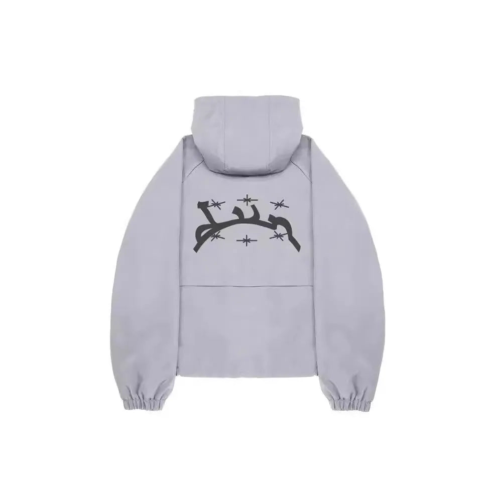Men's grey loose fit hooded jacket with polyester construction for sun protection