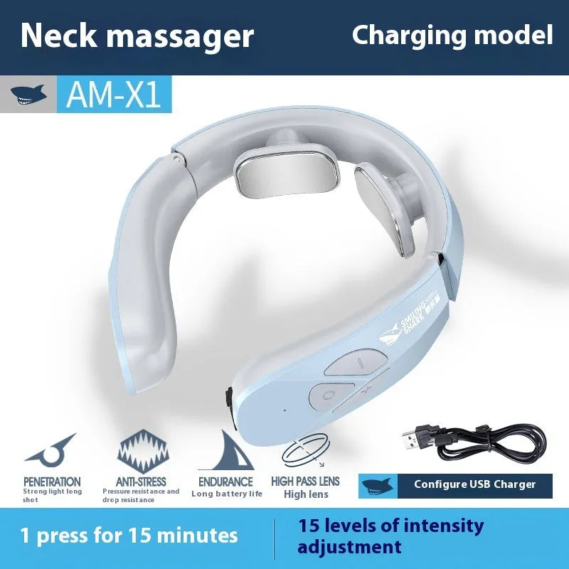 Electric neck massager EMS pulse rechargeable USB cervical traction therapy with heating function in Lake Blue B