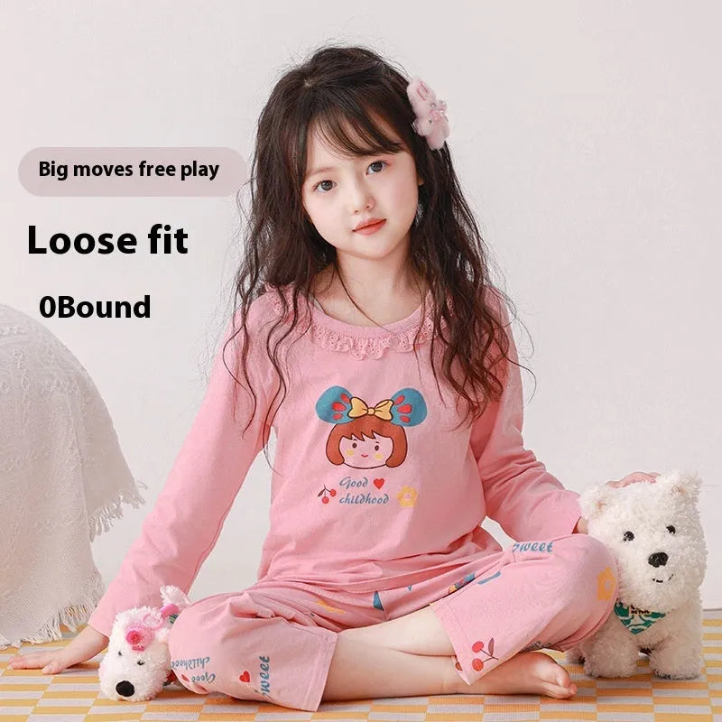 Girls cotton pyjama set with pink cartoon rabbit print, summer homewear, suitable for height 110-170cm
