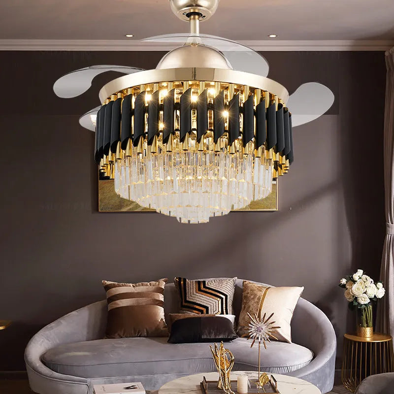 Crystal chandelier ceiling fan light with LED lighting and remote control in 42 or 48 inch sizes