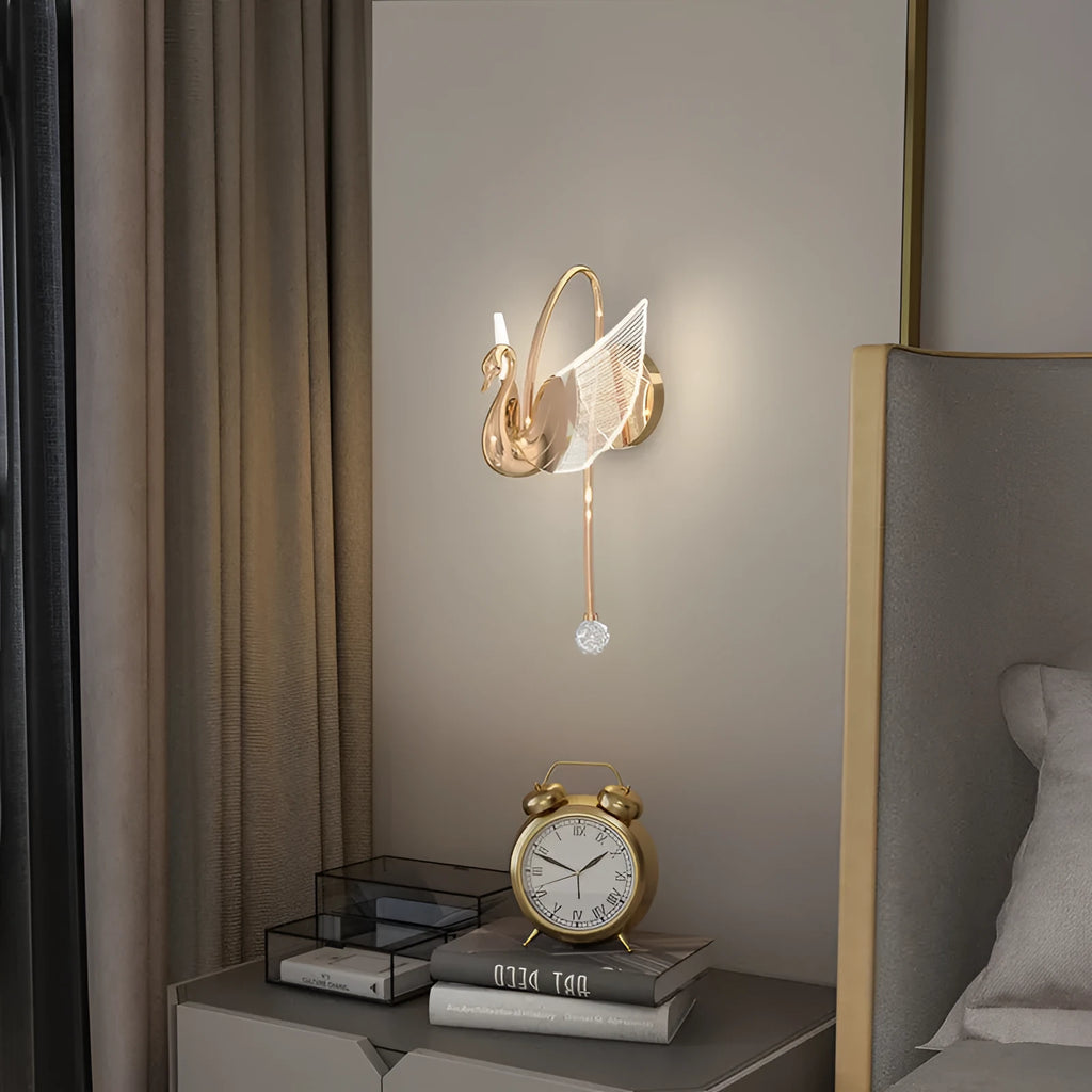 Gold modern minimalist swan design bedroom wall lamp with acrylic shade and iron frame