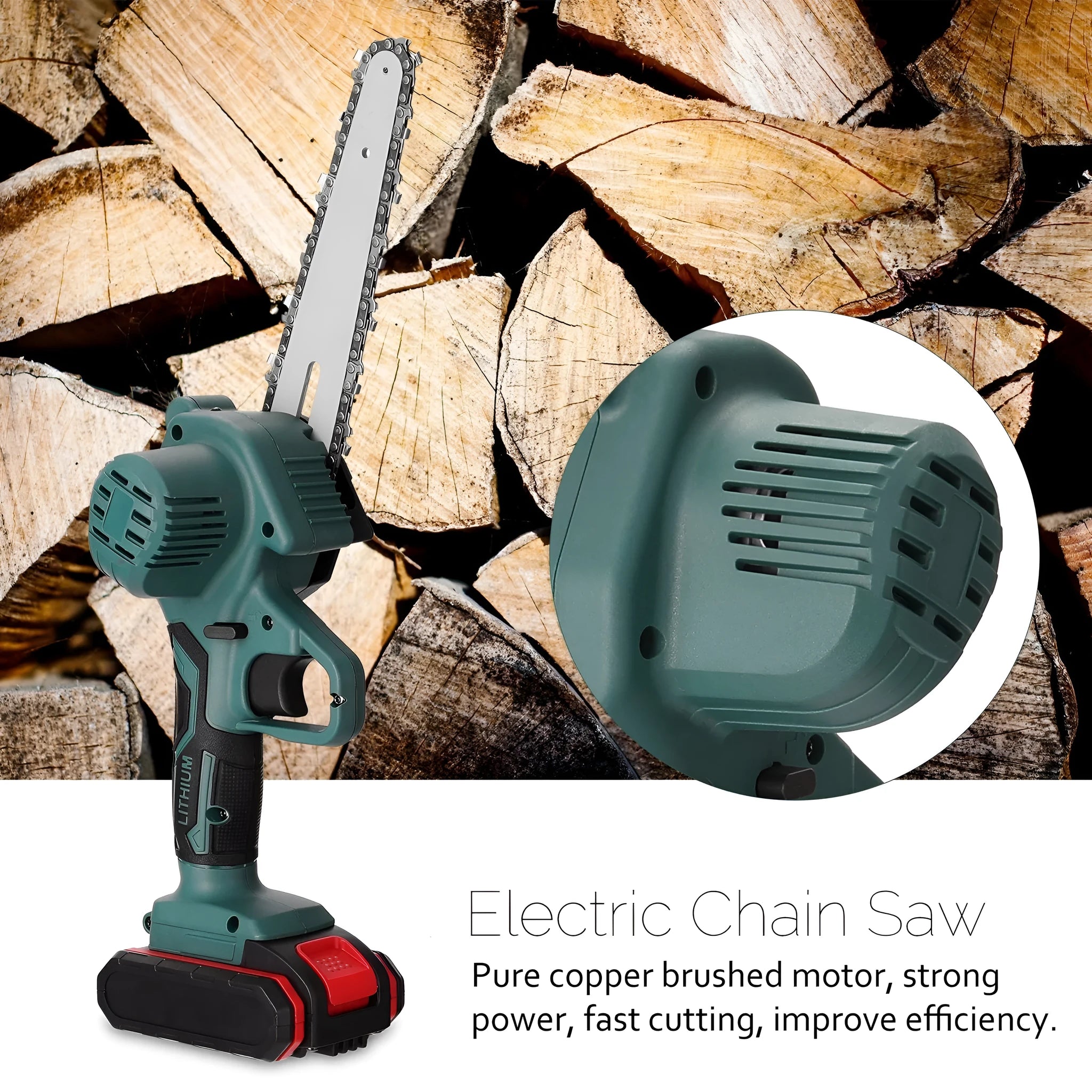 Black one-handed mini electric chainsaw with a 4-inch guide bar on a wooden surface.