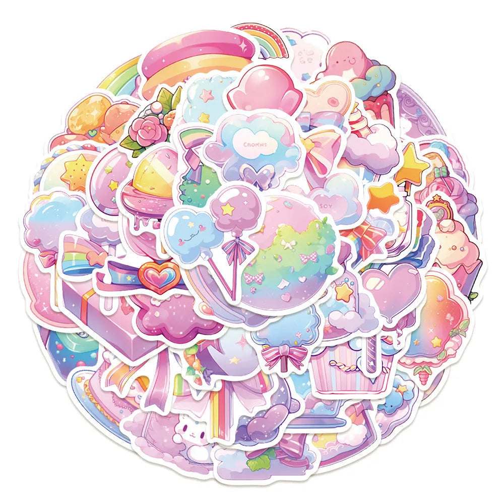 Pack of 50 colourful candy theme waterproof decorative stickers ranging from 4cm to 7cm for journal decoration