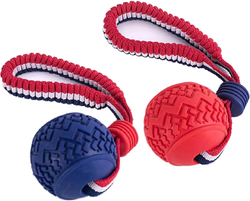 Blue rubber dog ball with natural rope attached for tug and chew play
