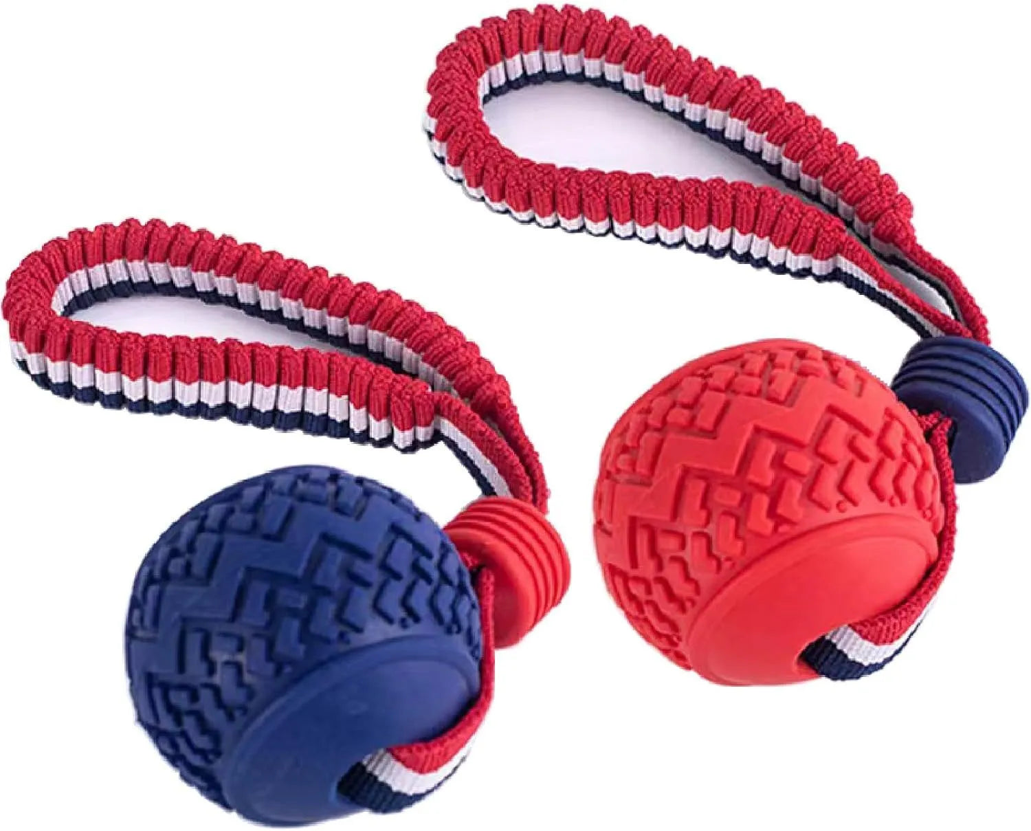 Blue rubber dog ball with natural rope attached for tug and chew play