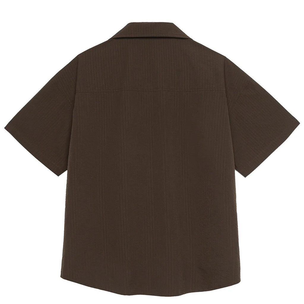 Brown striped waterproof short sleeve shirt with Cuban collar for outdoor camping