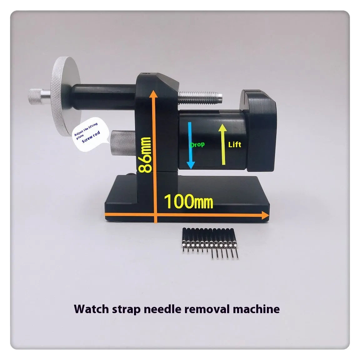 Alloy steel watch strap stripping machine tool set for watch repair on a workbench.
