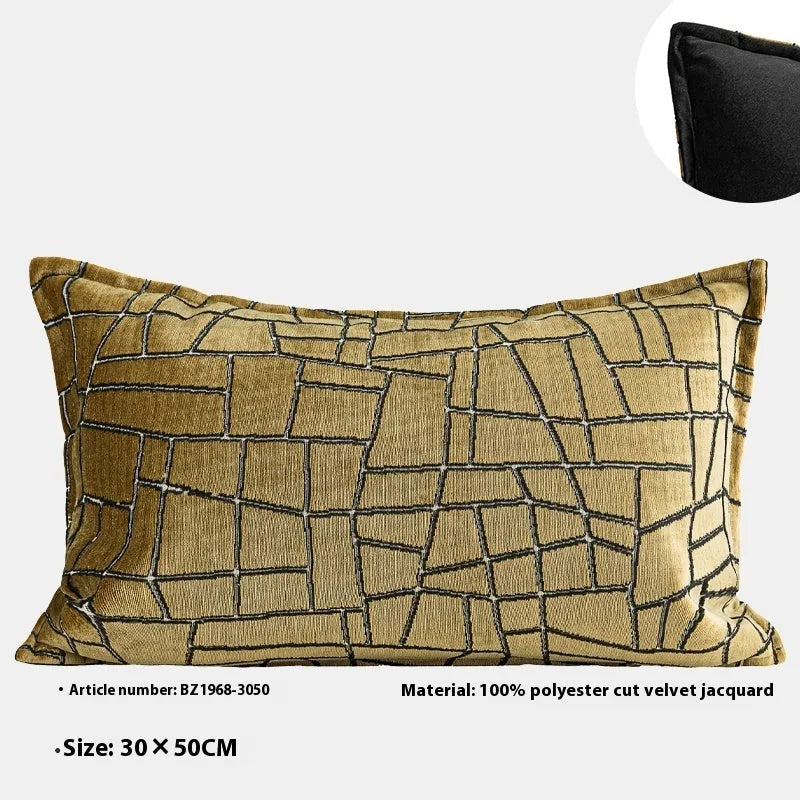 Geometric abstract pattern cushion cover in gold colour with square and waist pillow size options