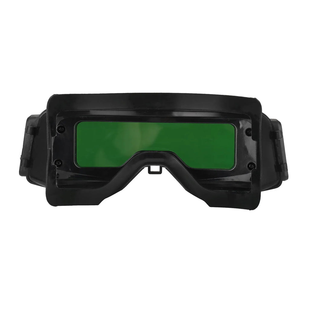 Black automatic darkening welding mask with large viewing lens and headstrap.