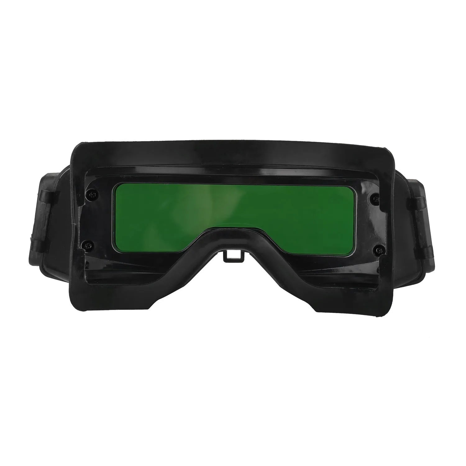Black automatic darkening welding mask with large viewing lens and headstrap.