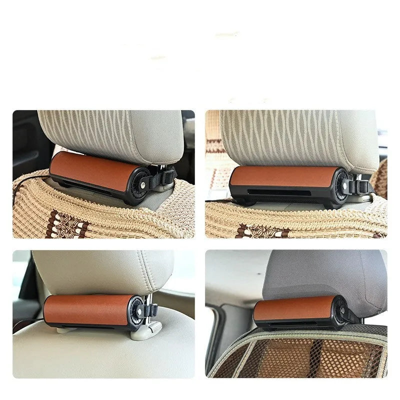 Black ventilated rear bladeless car fan with USB power cord on vehicle dashboard