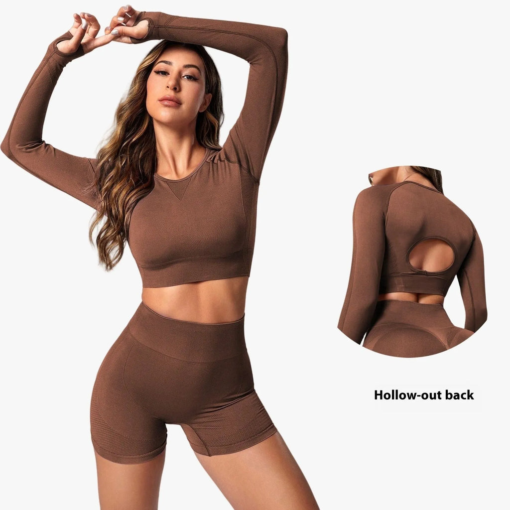 Women's high waist yoga suit in solid color with long sleeve top and pants for quick-drying performance