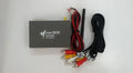 Black car mirror link box Wi-Fi A/V converter with power cable, antenna, AV cable, and manual for smartphone screen mirroring.