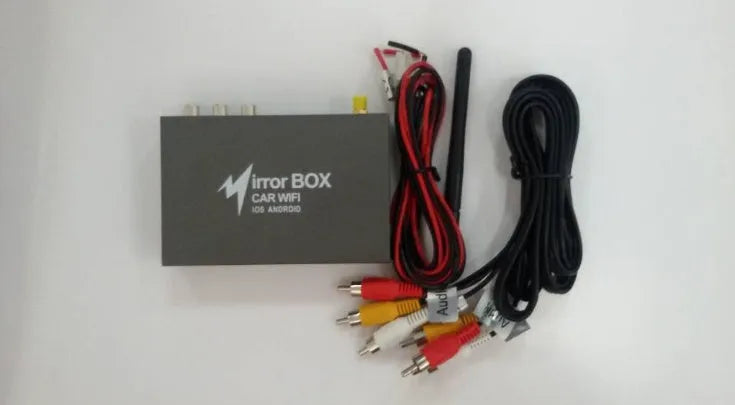 Black car mirror link box Wi-Fi A/V converter with power cable, antenna, AV cable, and manual for smartphone screen mirroring.