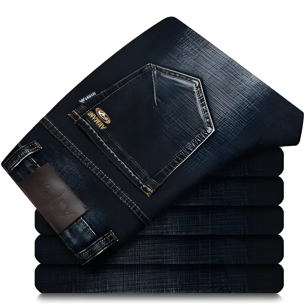 Men's elastic business straight jeans in 8151 blue wash with worn white finish, zipper fly, and pocket details