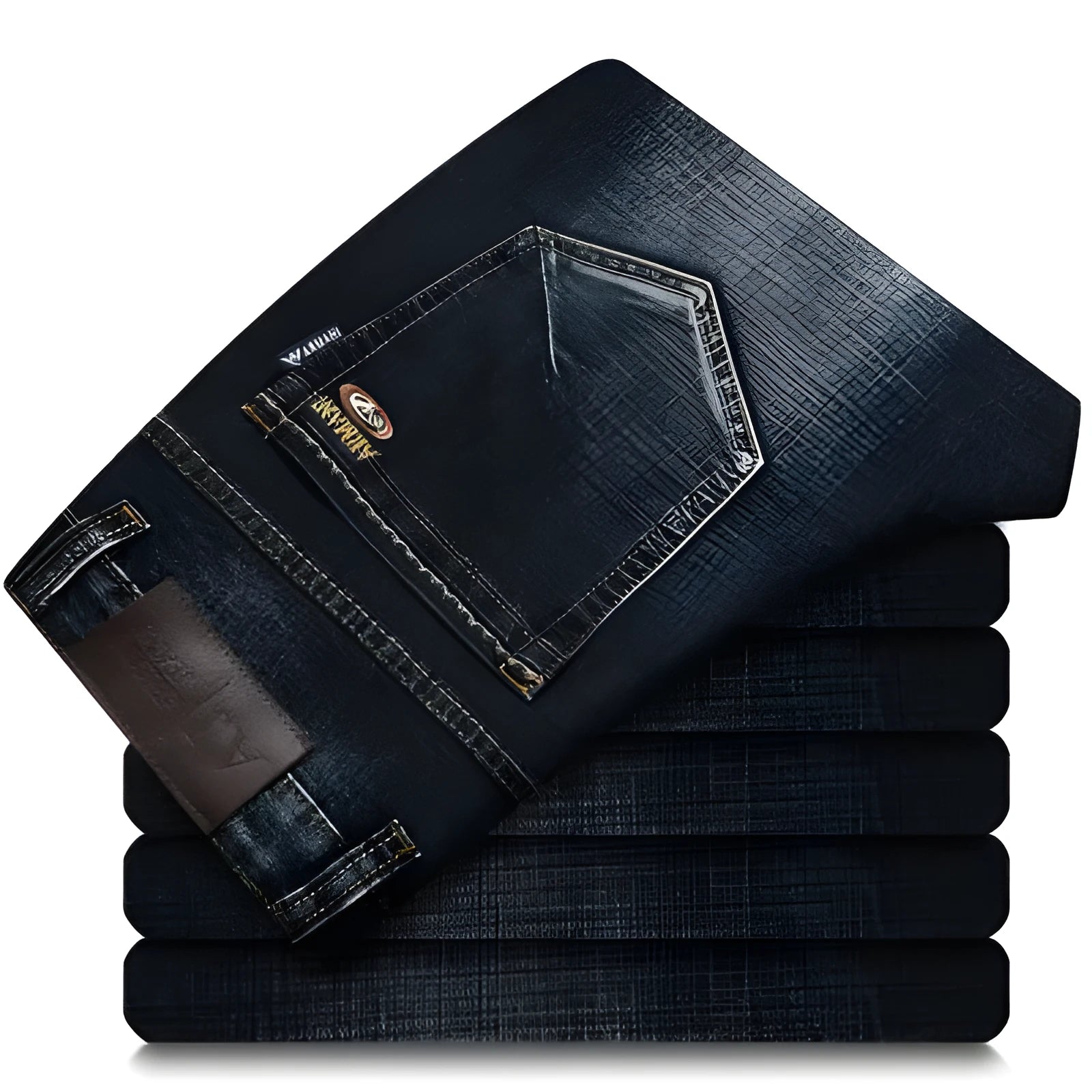 Men's elastic business straight jeans in 8151 blue wash with worn white finish, zipper fly, and pocket details