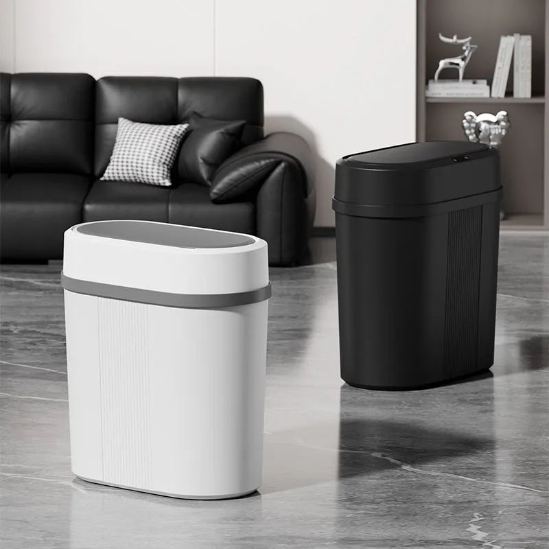 Square PP smart trash can with sealed waterproof lid, black battery type, on kitchen floor