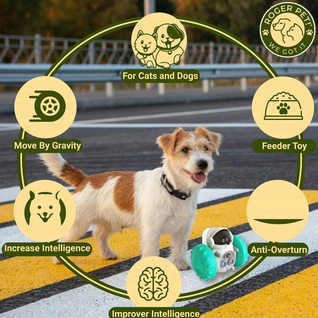 Robot design pet food dispenser toy for small dogs and cats showing self-balancing tumbler mechanism